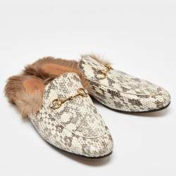Gucci White/Grey Snakeskin Fur Horsebit Flat Mules Size 40