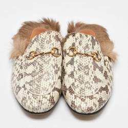 Gucci White/Grey Snakeskin Fur Horsebit Flat Mules Size 40