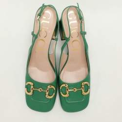 Gucci Green Leather Horsebit Square Toe Slingback Pumps Size 40.5