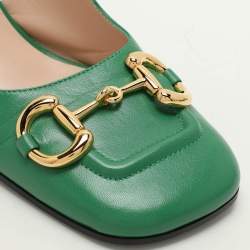 Gucci Green Leather Horsebit Square Toe Slingback Pumps Size 40.5