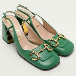 Gucci Green Leather Horsebit Square Toe Slingback Pumps Size 40.5