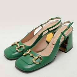 Gucci Green Leather Horsebit Square Toe Slingback Pumps Size 40.5