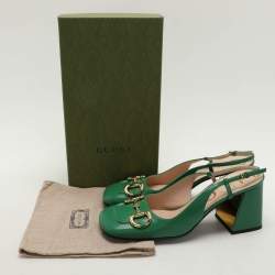 Gucci Green Leather Horsebit Square Toe Slingback Pumps Size 40.5