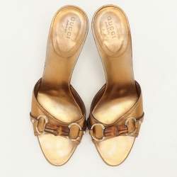 Gucci Gold Leather Horsebit Slide Sandals Size 38