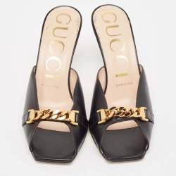 Gucci Black Leather Sylvie Chain Detail Mules Size 37