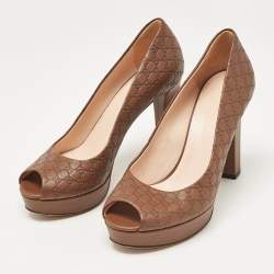 Gucci Brown Microguccissima Leather Peep Toe Platform Pumps Size 36.5