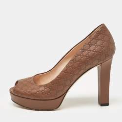 Gucci Brown Microguccissima Leather Peep Toe Platform Pumps Size 36.5