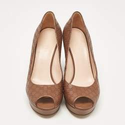 Gucci Brown Microguccissima Leather Peep Toe Platform Pumps Size 36.5