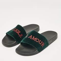 Gucci Green Velvet Embroidered L'aveugle Par Amour Slides Size 39