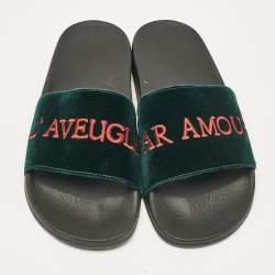 Gucci Green Velvet Embroidered L'aveugle Par Amour Slides Size 39