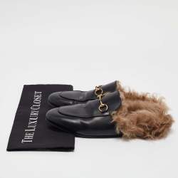 Gucci Black Leather and Fur Horsebit Princetown Flat Mules Size 38