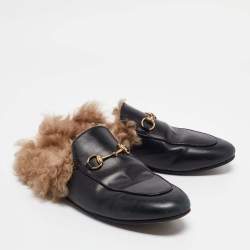 Gucci Black Leather and Fur Horsebit Princetown Flat Mules Size 38