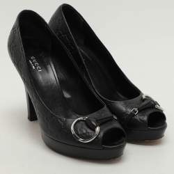 Pre Owned Gucci Black Leather Peep Toe Pumps Size 38