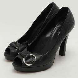 Pre Owned Gucci Black Leather Peep Toe Pumps Size 38