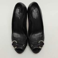 Pre Owned Gucci Black Leather Peep Toe Pumps Size 38