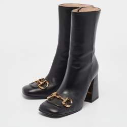 Pre Owned Gucci Black Leather Horsebit Mid Calf Boots Size 38