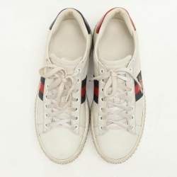 Gucci White Leather And Bee Web Detail New Ace Crystal Embellished Platform Sneakers Size 37
