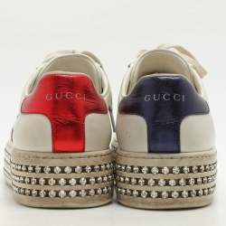 Gucci White Leather And Bee Web Detail New Ace Crystal Embellished Platform Sneakers Size 37