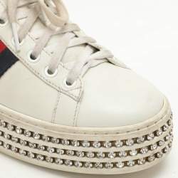 Gucci White Leather And Bee Web Detail New Ace Crystal Embellished Platform Sneakers Size 37