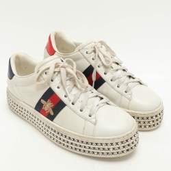Gucci White Leather And Bee Web Detail New Ace Crystal Embellished Platform Sneakers Size 37