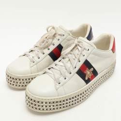 Gucci White Leather And Bee Web Detail New Ace Crystal Embellished Platform Sneakers Size 37