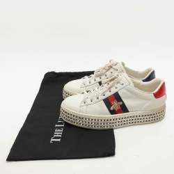 Gucci White Leather And Bee Web Detail New Ace Crystal Embellished Platform Sneakers Size 37