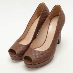 Pre Owned Gucci Brown Microguccissima Leather Peep Toe Platform Pumps Size 37