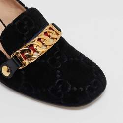 Pre Owned Gucci Black GG Velvet Sylvie Web Loafer Pumps Size 37