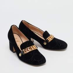 Pre Owned Gucci Black GG Velvet Sylvie Web Loafer Pumps Size 37