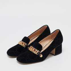 Pre Owned Gucci Black GG Velvet Sylvie Web Loafer Pumps Size 37