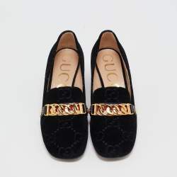 Pre Owned Gucci Black GG Velvet Sylvie Web Loafer Pumps Size 37