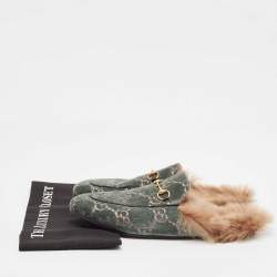 Gucci Green/Beige Fur and Velvet Princetown Mules Size 42