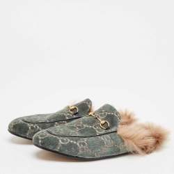 Gucci Green/Beige Fur and Velvet Princetown Mules Size 42