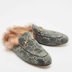 Gucci Green/Beige Fur and Velvet Princetown Mules Size 42
