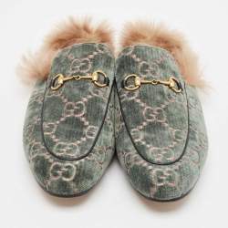 Gucci Green/Beige Fur and Velvet Princetown Mules Size 42