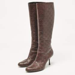 Gucci Burgundy Leather GG Knee Length Boots Size 40.5