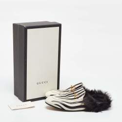 Gucci White/Black Leather and Fur Princetown Zebra Stripe Flat Mules Size 38