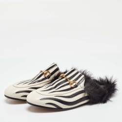 Gucci White/Black Leather and Fur Princetown Zebra Stripe Flat Mules Size 38