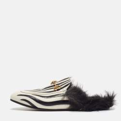 Gucci White/Black Leather and Fur Princetown Zebra Stripe Flat Mules Size 38
