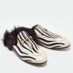 Gucci White/Black Leather and Fur Princetown Zebra Stripe Flat Mules Size 38
