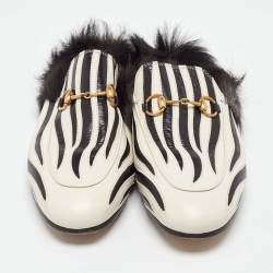 Gucci White/Black Leather and Fur Princetown Zebra Stripe Flat Mules Size 38