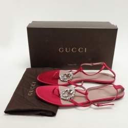 Pre Owned Gucci Pink Satin GG Interlocking Crystal Embellished Ankle Strap Sandals Size 40.5