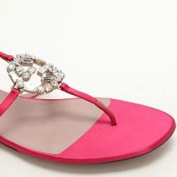 Pre Owned Gucci Pink Satin GG Interlocking Crystal Embellished Ankle Strap Sandals Size 40.5