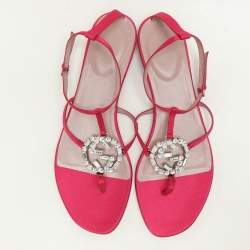 Pre Owned Gucci Pink Satin GG Interlocking Crystal Embellished Ankle Strap Sandals Size 40.5