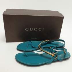 Gucci Deep Cobalt Leather Thong Ankle Strap Flat Sandals Size 40