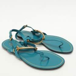 Gucci Deep Cobalt Leather Thong Ankle Strap Flat Sandals Size 40