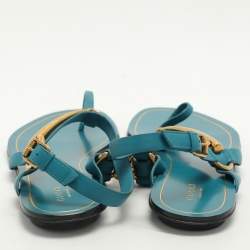 Gucci Deep Cobalt Leather Thong Ankle Strap Flat Sandals Size 40