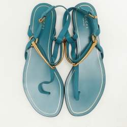 Gucci Deep Cobalt Leather Thong Ankle Strap Flat Sandals Size 40
