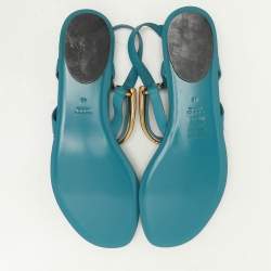 Gucci Deep Cobalt Leather Thong Ankle Strap Flat Sandals Size 40