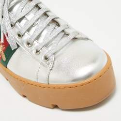 Gucci Silver Leather Bee Embroidered Ace Platform Sneakers Size 38